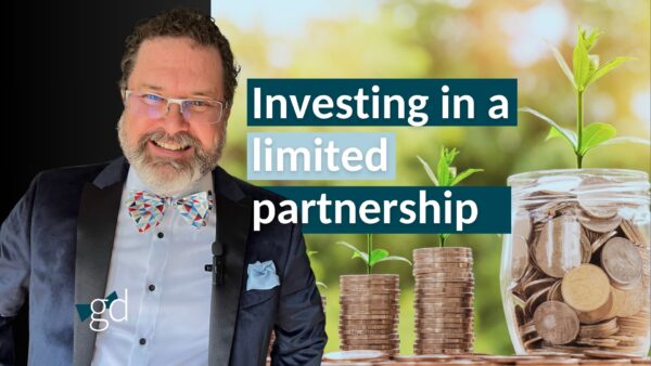 Bearded man in a suit jacket with a bow tie and glasses next to a jar of coins with a tree growing from in and the title: Investing in a limited partnership