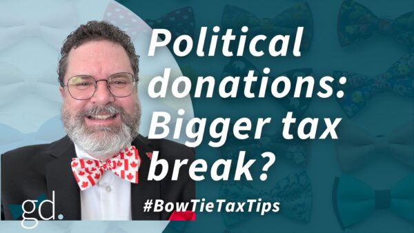 White male with dark curly hair, short, with whitish beard and glasses, wearing a Canadian flag bow tie, dark suit jacket and whtie shirt talking about deducting political donations in Canada\