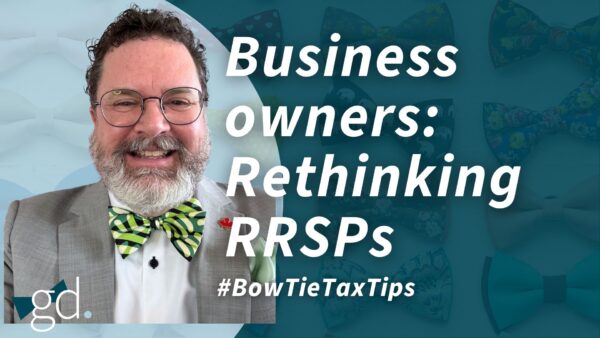 White male, with whitish beard, glasses and dark curly hair wearing a light gray suit jacket, white shirt, and great and yellow and blue bow tie talking about RRSP strategy for business owners