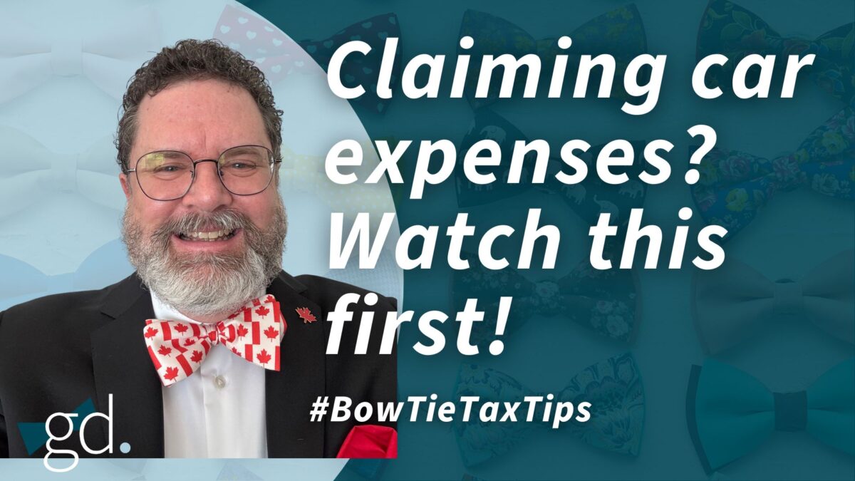 Man with dark, curly hair and glasses with whitish beard, wearing a dark jacket, white shirt, and Canadian flag bow tie talking about Claiming car expenses in Canada