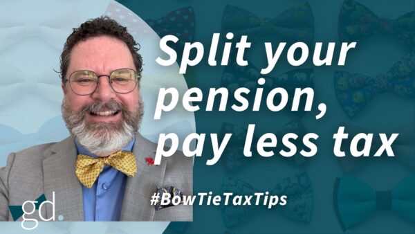White male with dark curly hair, glasses, and a whitish beard wearing a yellow bow tie, blue shirt, and gray-brown suit jacket talking about Pension income splitting in Canada