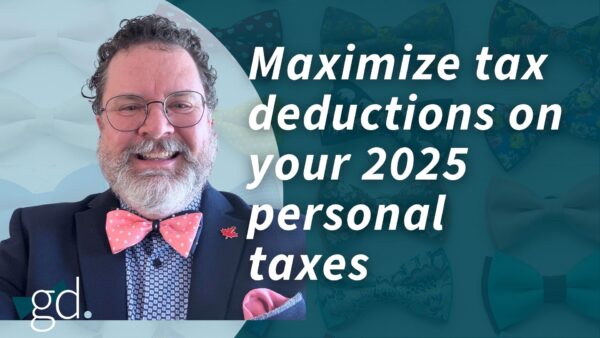 White male, dark curly hair, whitish beard, wearing glasses, a darkblue suit jacket, blue shirt and pink patterned bow tie talking about how to Maximize tax deductions on your 2025 personal taxes